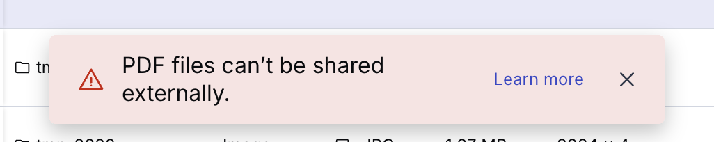 Example error when delivering a PDF - text says "PDF files can't be shared externally"